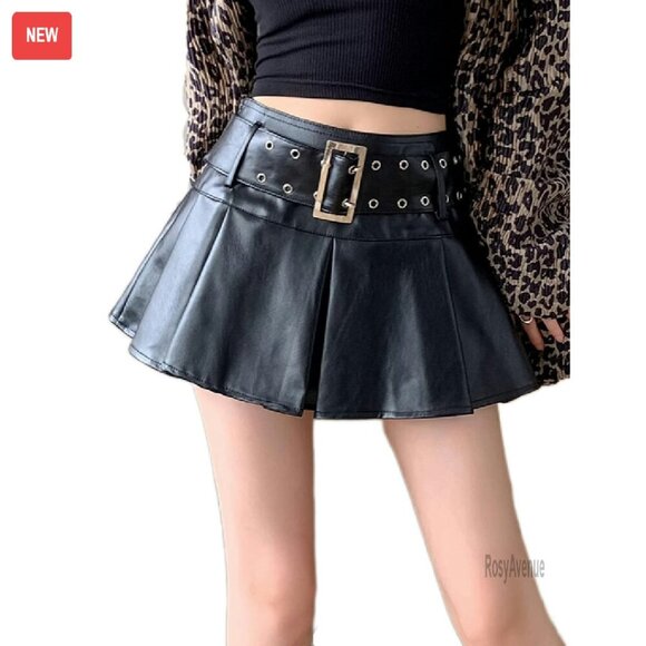High Waist Pleated PU Leather Mini Skirt with Buckle Belt Y2K Style
